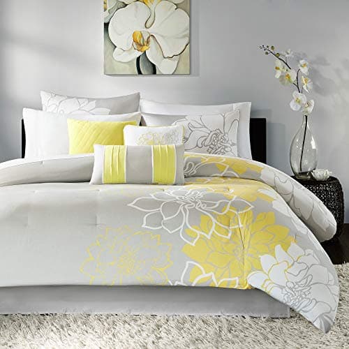 Madison Park Lola Sateen Cotton Comforter SetCasual Medallion Floral Design All Season Down Alternative Bedding Shams Bedskirt Decorative Pillows Queen90x90 GreyYellow 7 Piece
