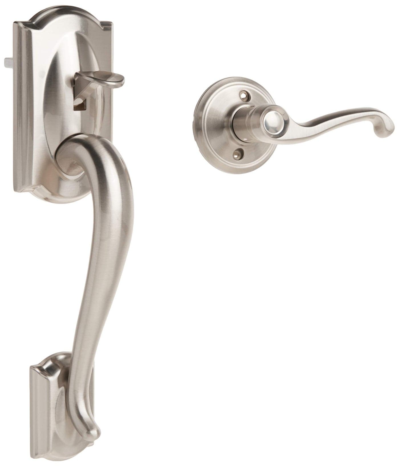 Schlage FE285 CAM 619 FLA LH Camelot Front Entry Handleset with LeftHanded Flair Lever Lower Half Grip Satin Nickel