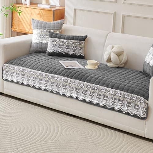 HOKIPO 'BelleLace Series' Imperial Milk Velvet Sofa Cover Mat with Lace Design| Make Your Own Sofa Cover Set, Mat Length 90(D) x 220(L) cm, Porpoise Grey (AR-5968-DGRY)