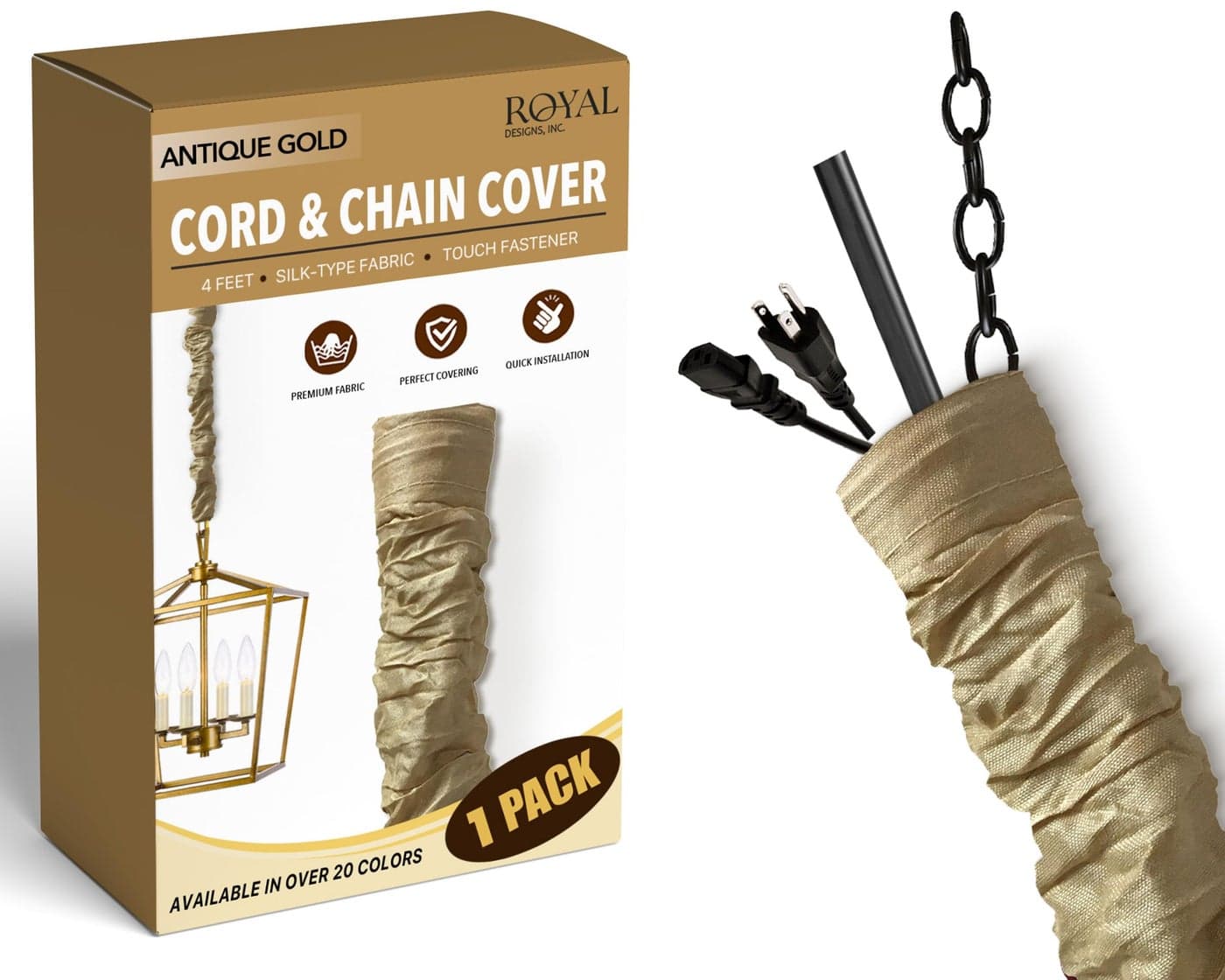 Royal Designs, Inc. CC-11-AGL Antique Gold Cord & Chain Cover- 4 feet- Silk-type Fabric Touch Fastener - Use for Chandelier Lighting Wires