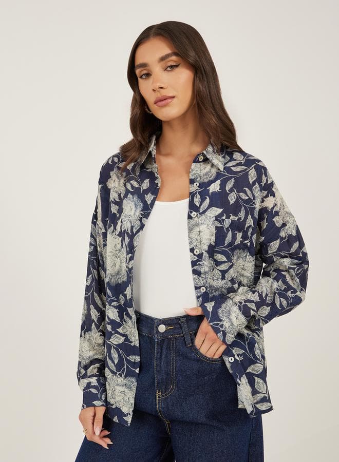 Styli Floral Print Spread Collar Oversized Shirt — L