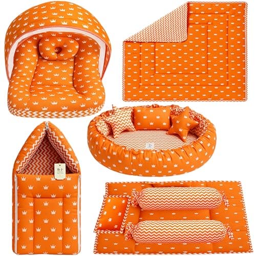 Infantbond New Born Baby Bedding Mosquito Net | Nest | Carry Bed | Carry Bag | Blanket (0-6 Months) (Orange Crown)
