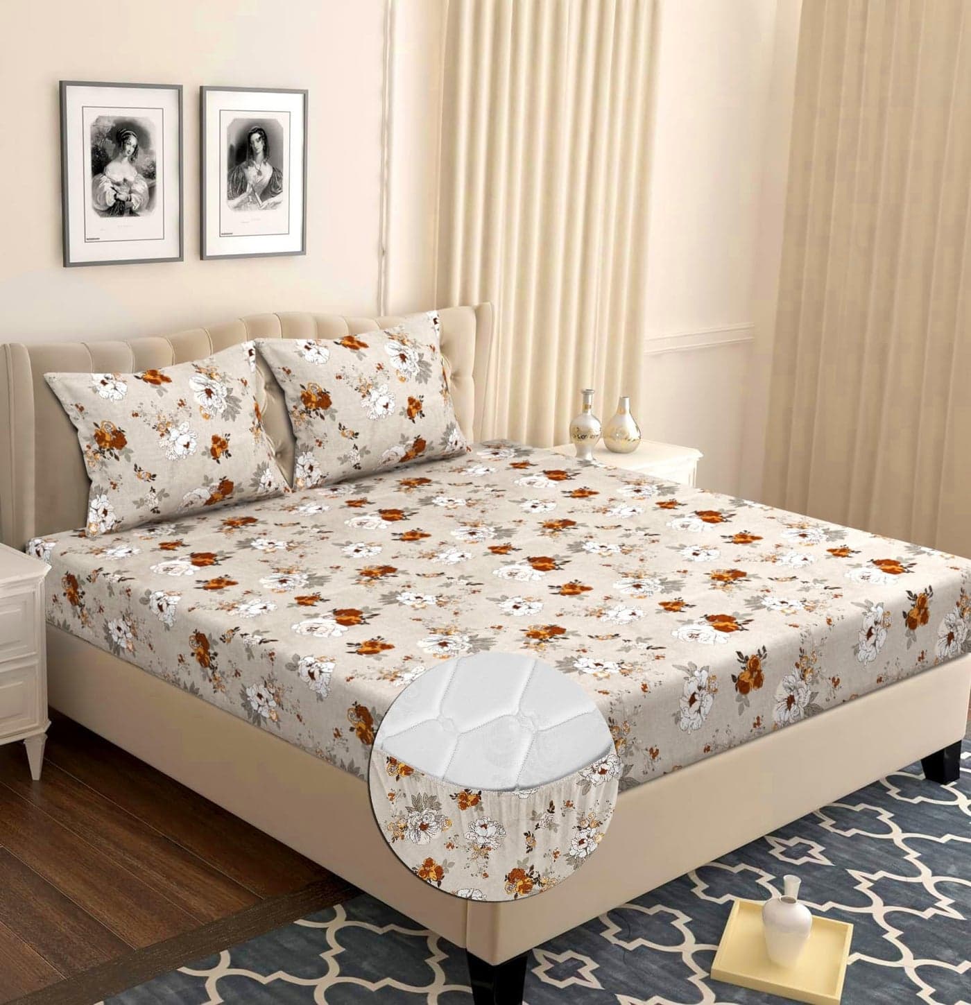 VAS COLLECTIONS Premium Cotton Elastic Fitted Double Bedsheet Set – 160-210 TC, 72 x 68 + 6 Inches | Wrinkle-Free, Breathable, Floral Print with 2 Pillow Covers | Corner Fitted Sheet (Cream & White)