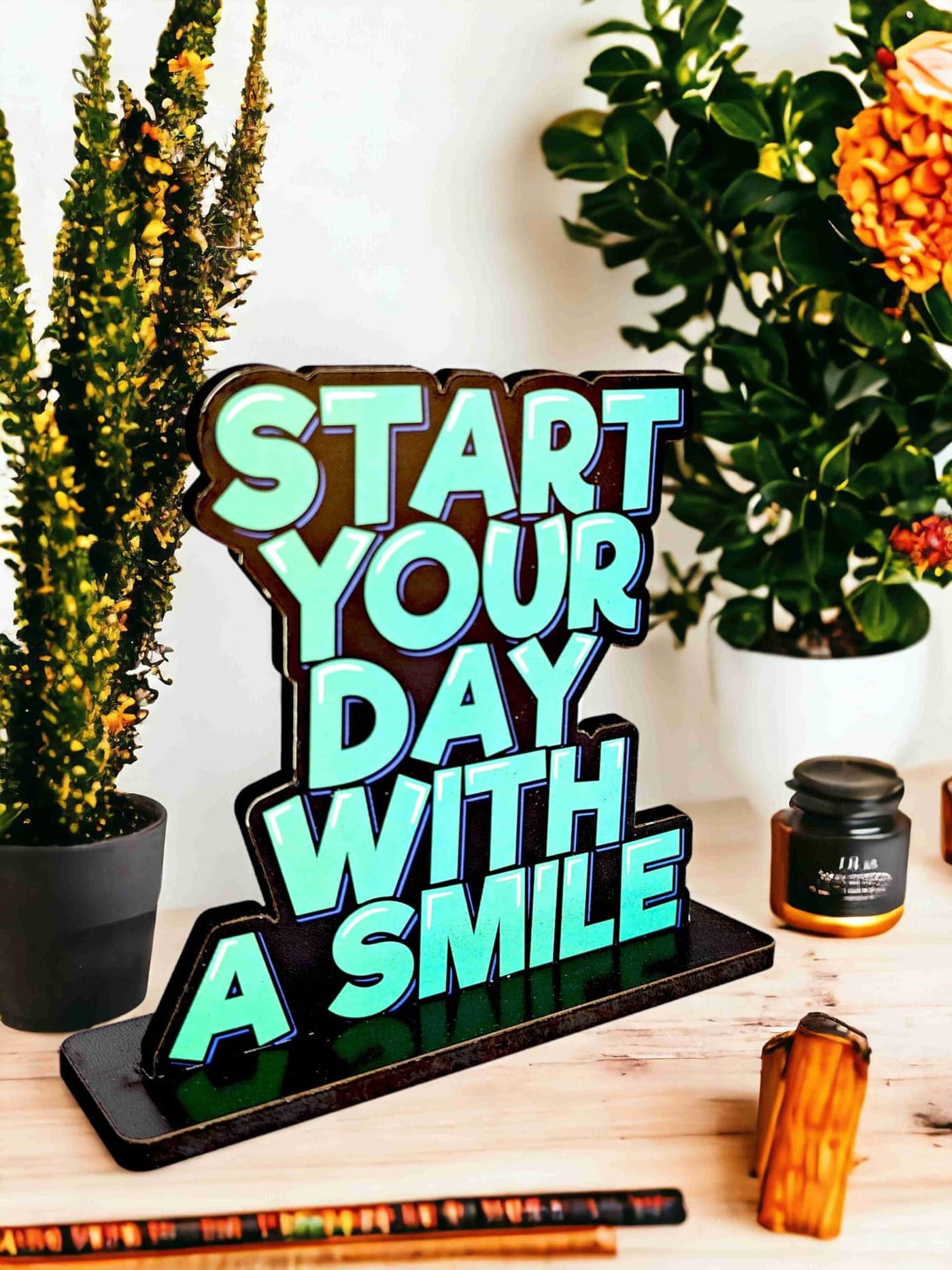 SAF Wooden Idols and Figurine Start Your Day with A Smile Motivational Quote Table Decor for Office Desk, Home Decor Item, Living Room, Bedroom, Modern Art Wood Showpieces, Inspirational, 3 Cm