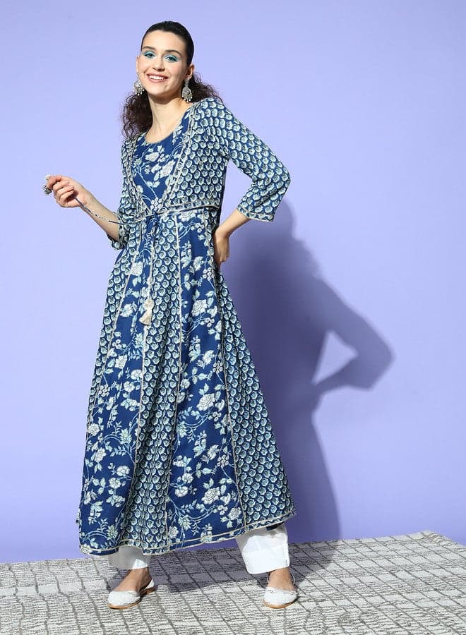 Women'S Blue 100% Cotton Self Design A-Line Dress