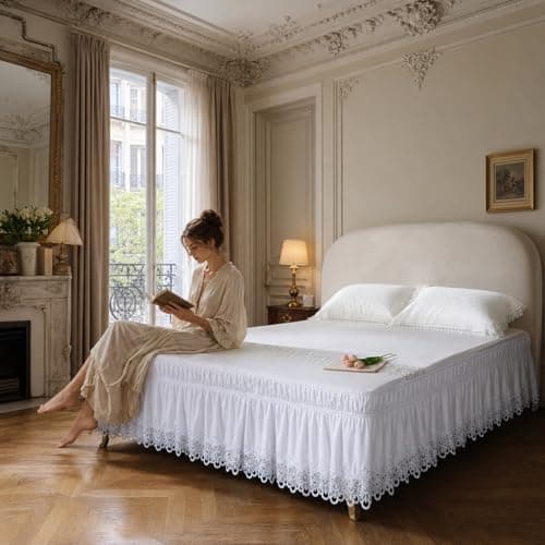 ARTABLE Lace Bed Skirts Wrap Around Ruffled Bed Scarf Elastic Dust with Adjustable Belts 15 Inch Drop Twin Queen King Size Lace Trimmed Bed Skirt White Twin 54 x 8015 Inch Drop