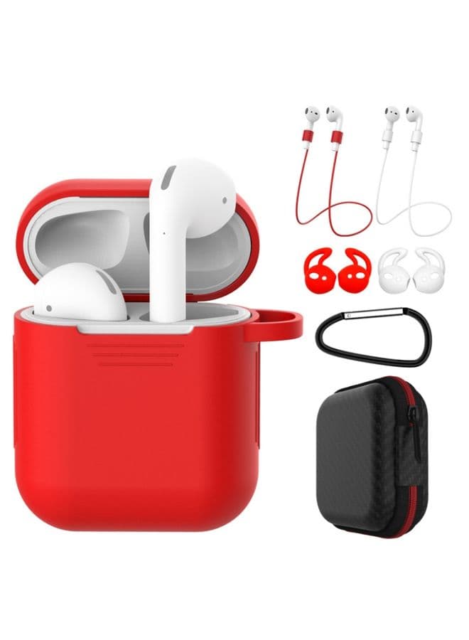 Case Cover 7 PCS Wireless Earphones Shockproof Silicone Protective Case for Apple AirPods 1 / 2 Red + White