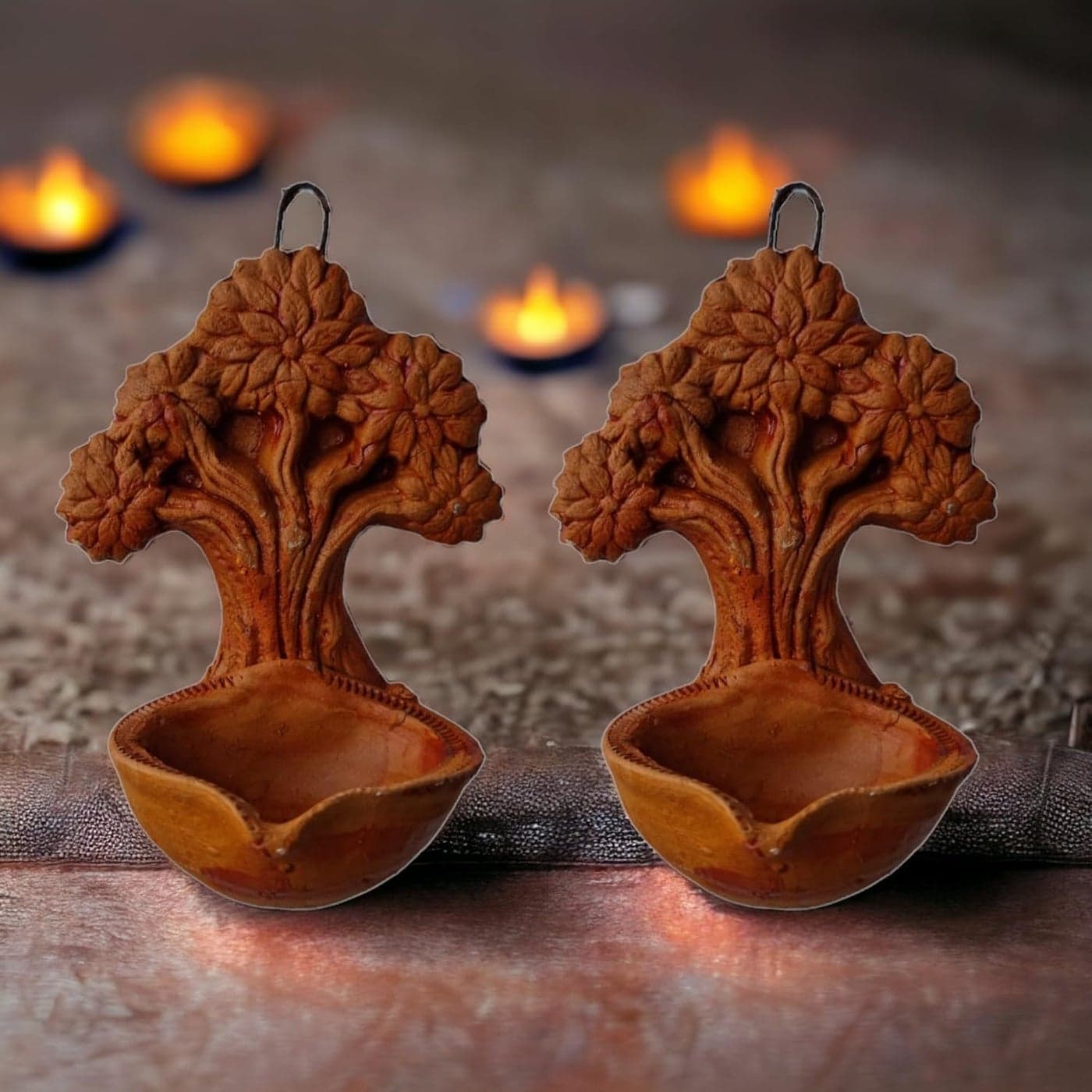 Saudeep India Traditional Hanging Wisdom Tree Mitti Clay Diyas for Diwali Home Decor Mitti Deepak Decorate for Deepawali Diya for Puja Rangoli Home Decoration Diya Pack of 2