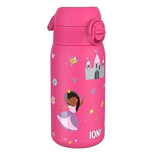 Ion8 Kids Water Bottle, Steel 400 ml/13 oz, Leak Proof, Easy to Open, Secure Lock, Dishwasher Safe, Flip Cover, Carry Handle, Easy Clean, Durable, Scratch Resistant, Raised Print, Princess Design