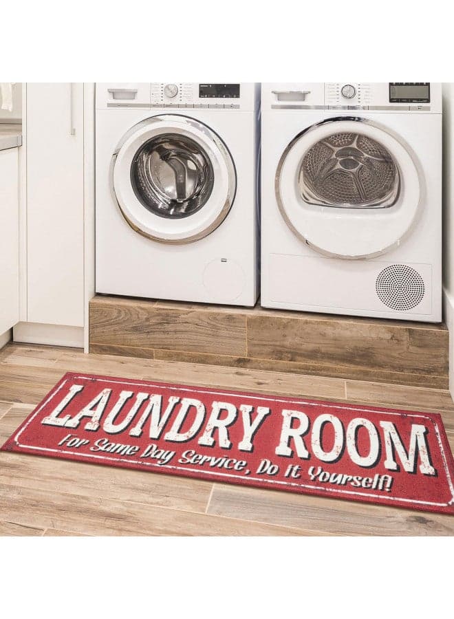 Machine Washable Text Design Laundry Room Rug Non-Slip Rubberback 2x5 Laundry Runner Rug for Laundry Room, Bathroom, Washroom, 20" x 59", Red