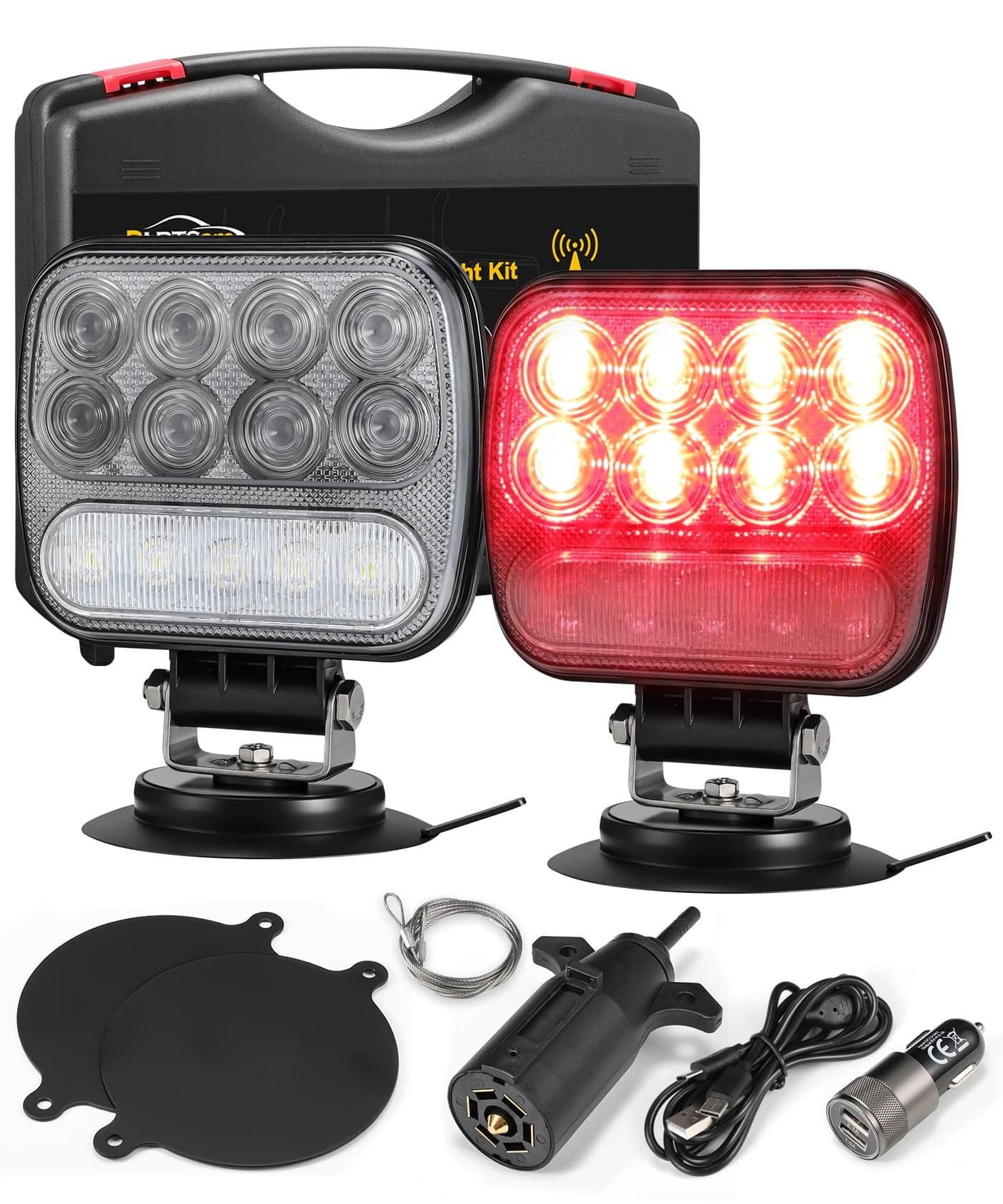 Partsam Wireless LED Trailer Light Kit Magnetic Towing Tail Light Portable Universal Stop Turn Reverse Backup Smoked+Clear Lens w/ 7-Pin Plug Dual USB Charger for Trucks Trailers RVs 12-24V