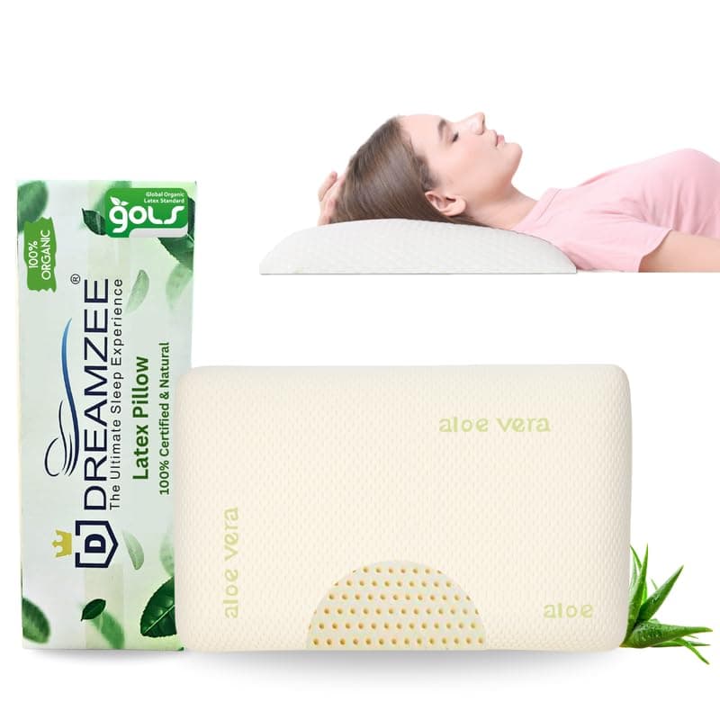 DREAMZEE Certified 100% Natural Latex Pillow Slim Pillow with Aloe-Vera Zipper Fabric for Side and Stomach Sleepers | Organic Bed Pillow Size 24x15 Inches - with Organic Pillow Cover (Pack of 2Pcs)
