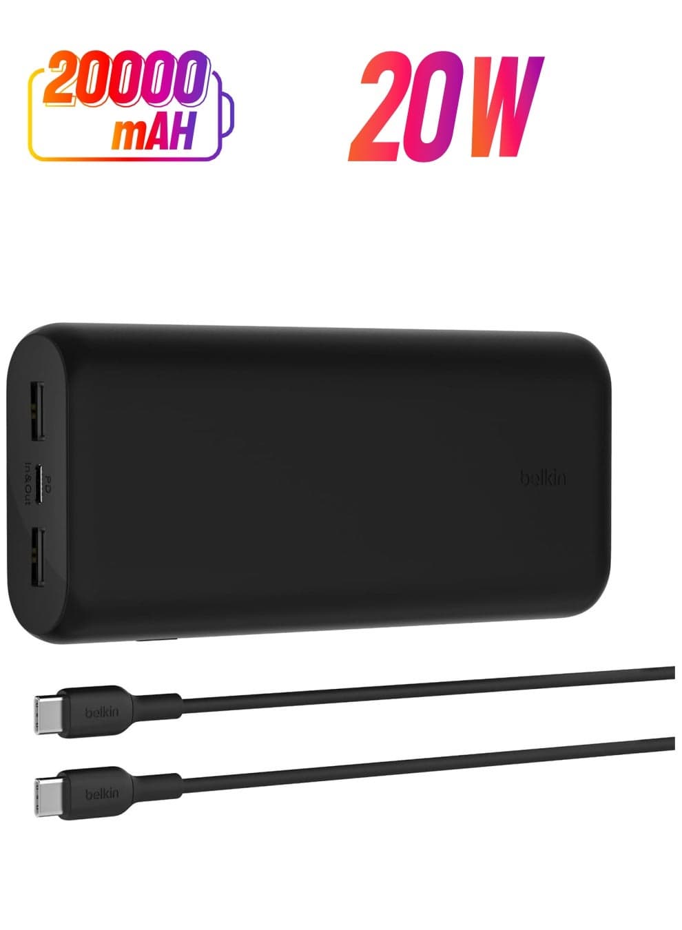 30 mAh BoostCharge 3-Port Compact Power Bank 20K with PD 20W, Portable Charger for iPhone 16/15/14/13/12, AirPods, Samsung Galaxy, Pixel and More, Travel-Friendly Design with 12in USB-C to USB-C Cable Black