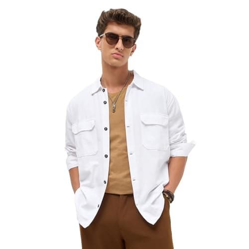 Urbano Fashion Men's White Cotton Full Sleeve Relaxed Fit Shacket with Utility Pockets (shacketsol-01-white-s)