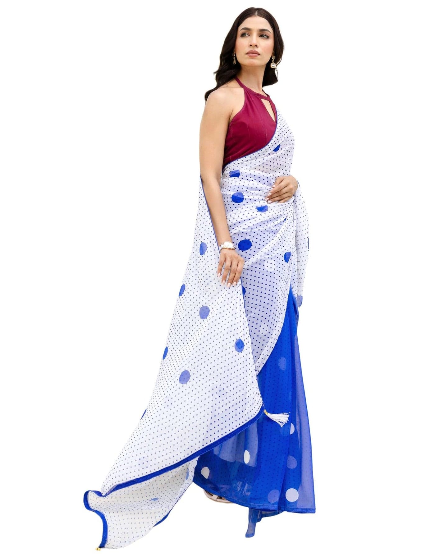 SIRIL Women's Georgette Printed Ready To Wear Saree with Unstitched Blouse Piece (57RS105_White & Blue)