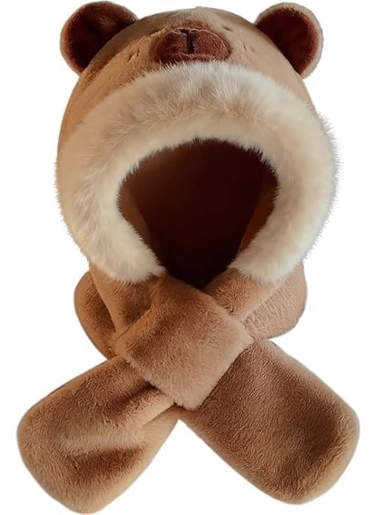 Hooded Scarf Hat for Women Winter, Cute Plush Faux Fur 2-in-1 Warm Hat with Bear Ears, Thick Cozy Capybara Style Scarf for Cold Weather, Soft Furry Winter Gift for Girls