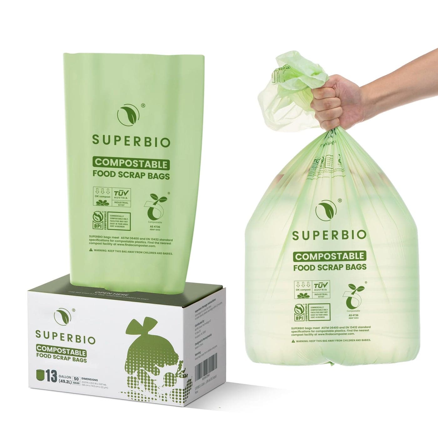 SUPERBIO 13 Gallon Compostable Kitchen Waste Bags 50 Count 1 Pack Flat top Food Scrap bags Certified by BPI and OK compost INDUSTRIAL 492L 087 Mil