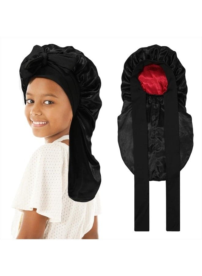 Kids Long Hair Bonnet for Sleeping - Double Layer Girls Elastic Satin Bonnet with Tie Band for Braid Curly Hair (Black+Wine)