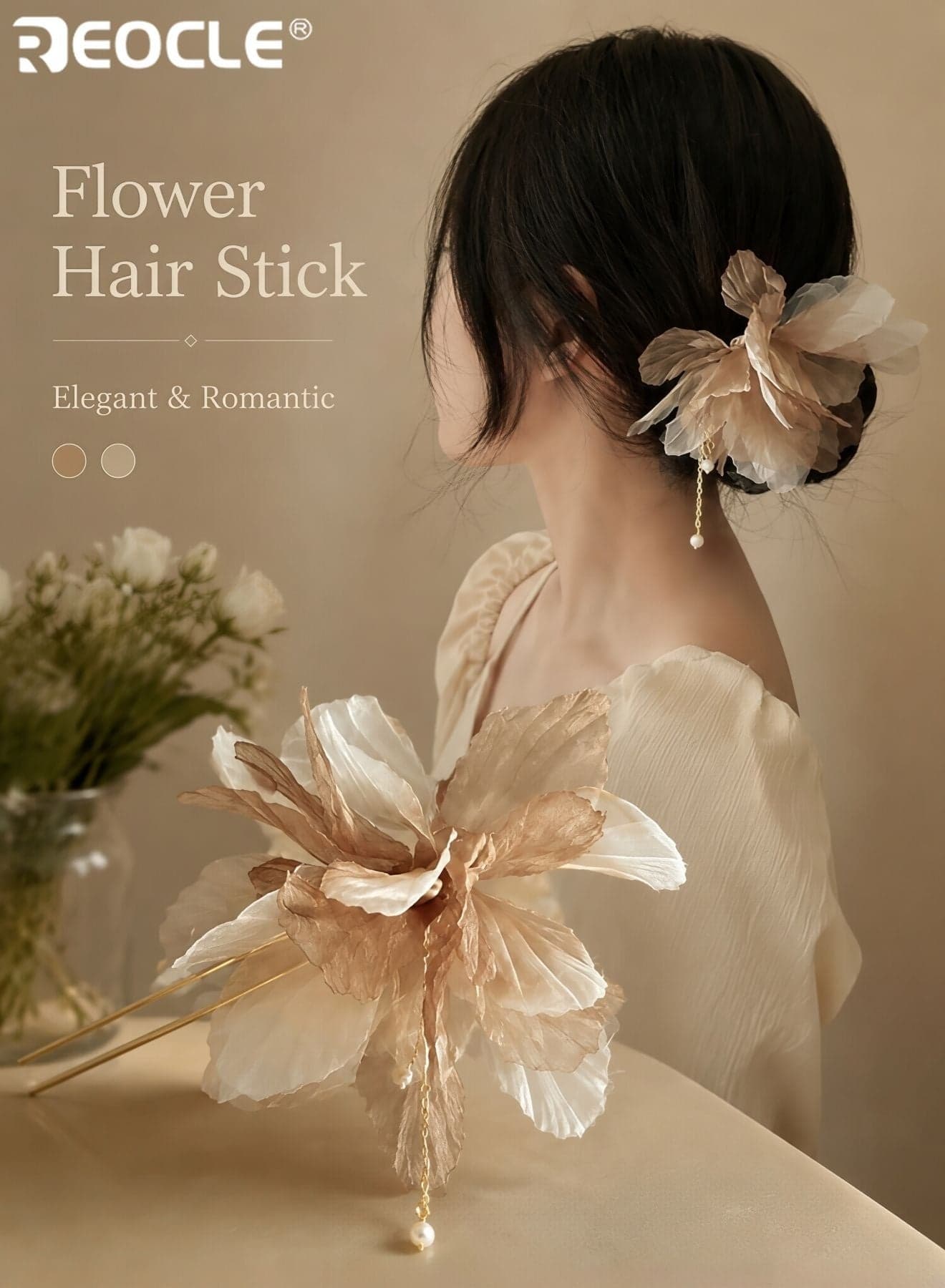 2PCS Women's Sheer Organza Flower Hair Pin with Tassel Drop Floral Hair Stick Fashion Hair Accessory for Daily Styling Casual Outings and Special Occasions