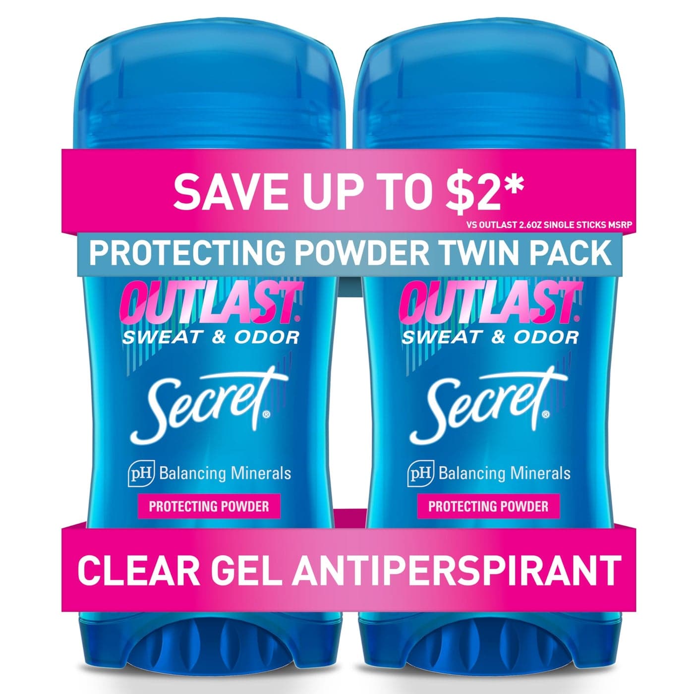 Secret Outlast Antiperspirant Deodorant for Women 72hr Sweat Odor Protection PH Balancing Minerals Clear Gel Protecting Powder Scent 26 oz Pack of 2