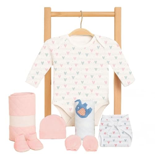 MOM'S HOME 7-Piece Organic Cotton Newborn Baby Gift Set | Little Hearts Print | Baby Shower Clothing Hamper | Soft Essentials for 0–3 Months