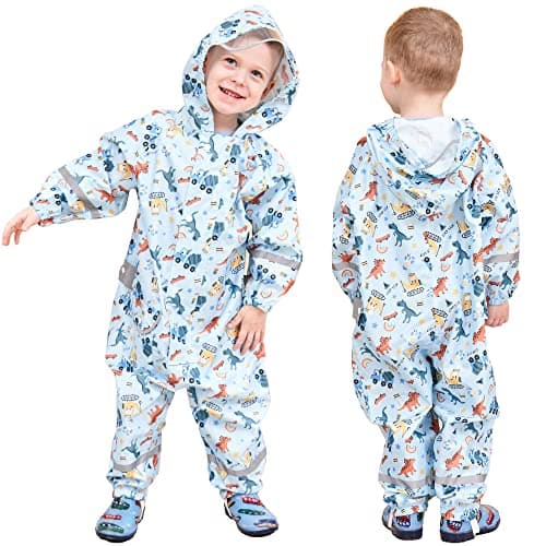 Fewlby Kids Toddler Rain Suit for Boys Girls One Piece Hoodie Zipper Cartoon Waterproof Coverall Rain Jacket 5-7 Years L Size