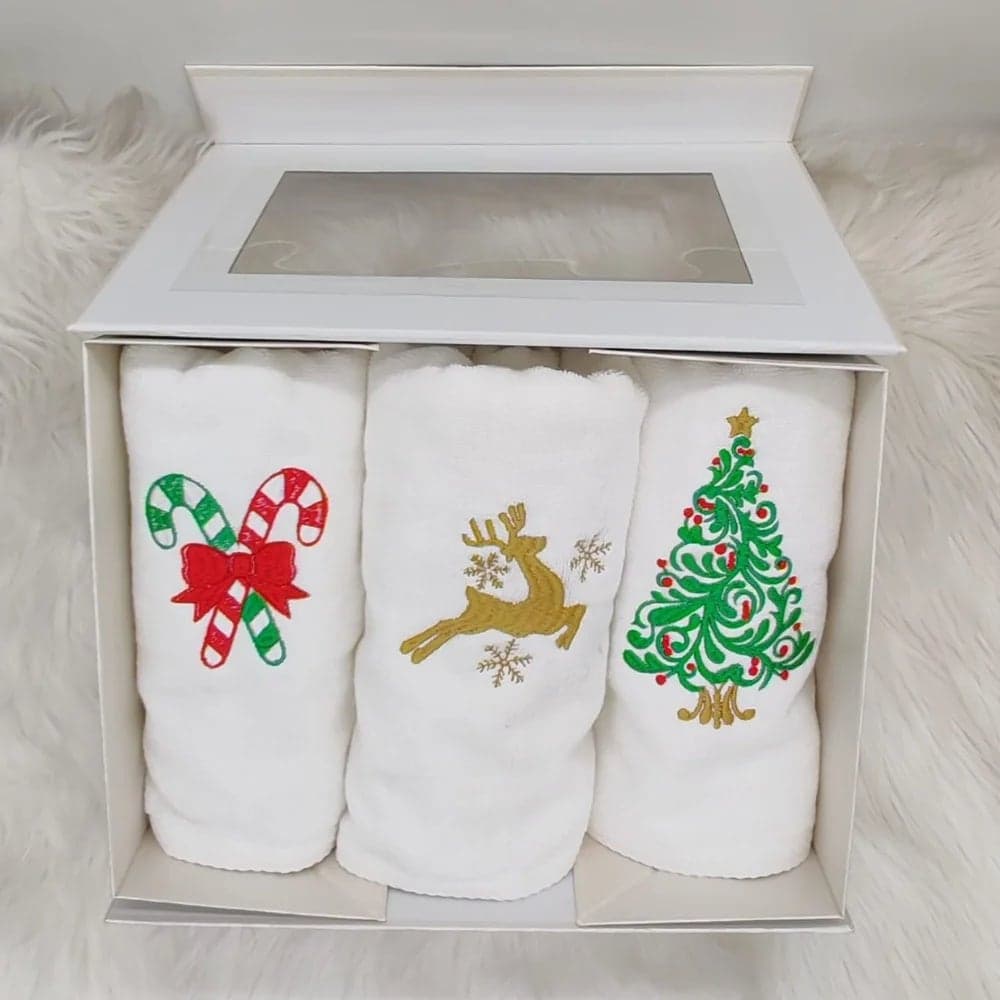 Iris Christmas Embroidered Hand Towel Trio Set - 100% Cotton, 50 x 80 cm, White - "Christmas Tree, Leaping Reindeer with Snowflakes & Candy Canes with Bow" Design (Set of 3)