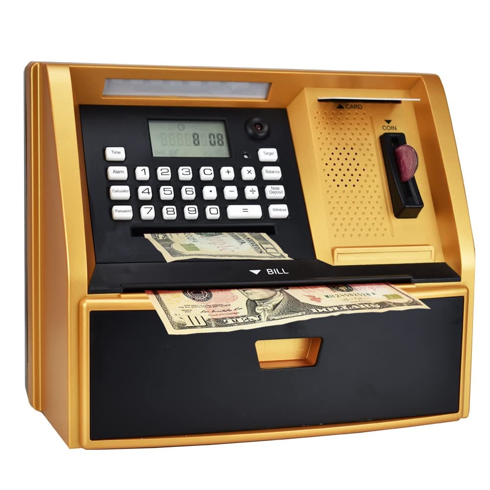 ATMBnk ATM Piggy Bank for Kids Electronic Money Bank with Coin Counter Card Password Mini ATM Machine Birthday Gift for Boys and Girls Fun Educational Savings Toy Golden