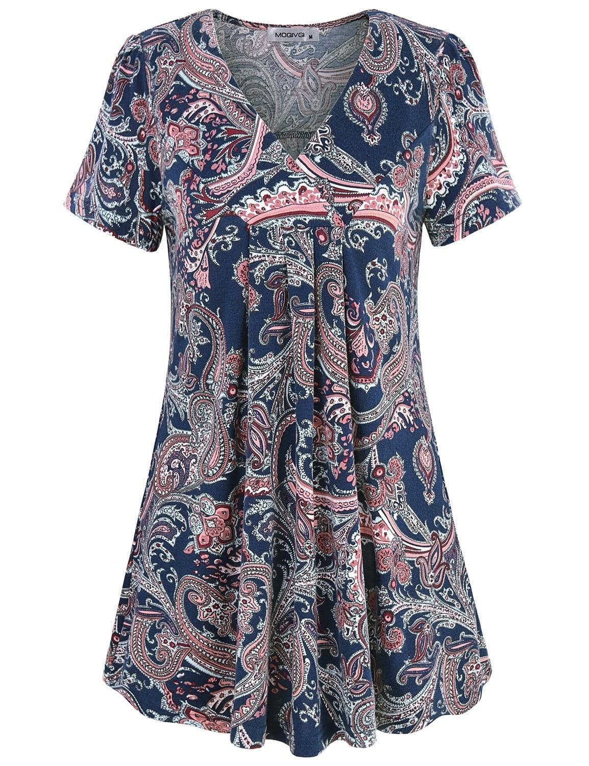 MOQIVGI A-line Tunic, Woman Beautiful Country Bohemian Small Top Tee Name Brand Boutique Office Blouse Modern Vneck Short Sleeve Floral Patterned Slim Fit T-shirt Multicoloured Navy Blue Medium