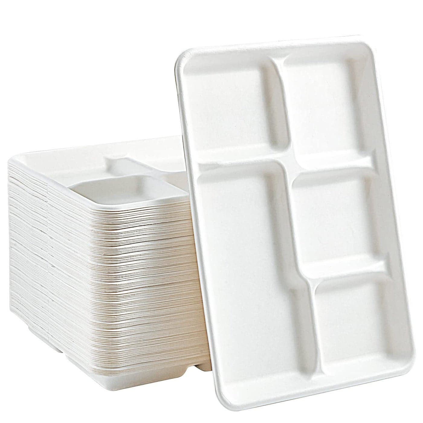 Vplus 100 Compostable 5 Compartment Paper Plates 100 Pack 125 x 86 inch Disposable School Lunch Trays EcoFriendly Bagasse Plates for Buffet and Party
