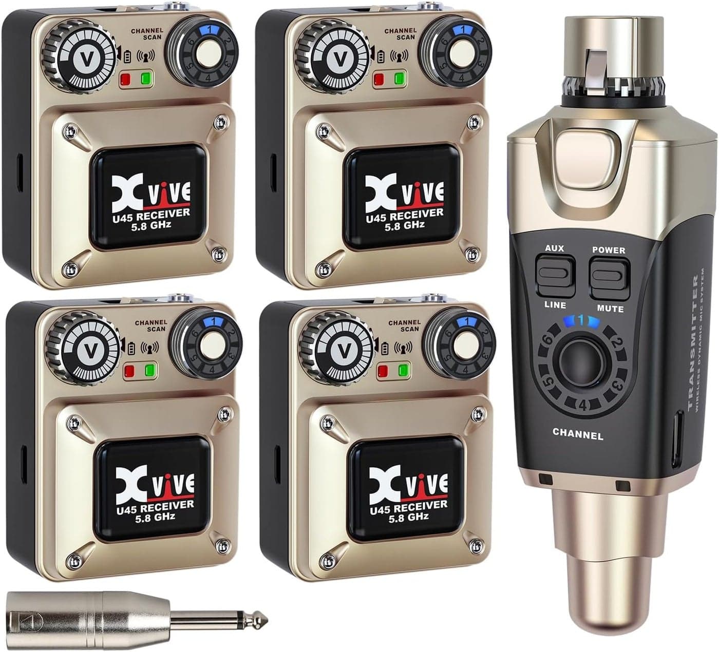 Xvive U45R4 Wireless in Ear Monitor System 5.8ghz IEM System 1 Transmitter and 4 Bodypack Receiver for Studio, Band Rehearsal, Live Performance, Channel Scan Mode