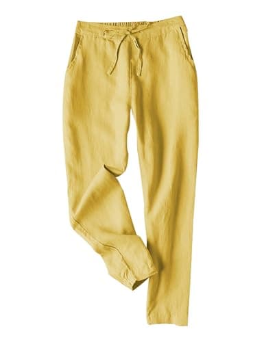 Tanming Linen Pants for Women Summer Casual High Waisted Drawstring White Beach Pant(Yellow-XL)