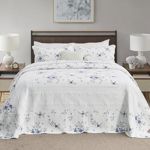 FineStichery Floral Bedspreads King Size Extra Large, 120x120 Oversized Quilt Bedspread Coverlet, 100% Cotton Blue and White Bedding Set with Shams, Lightweight Soft Quilted Thin Comforter, 3 Piece