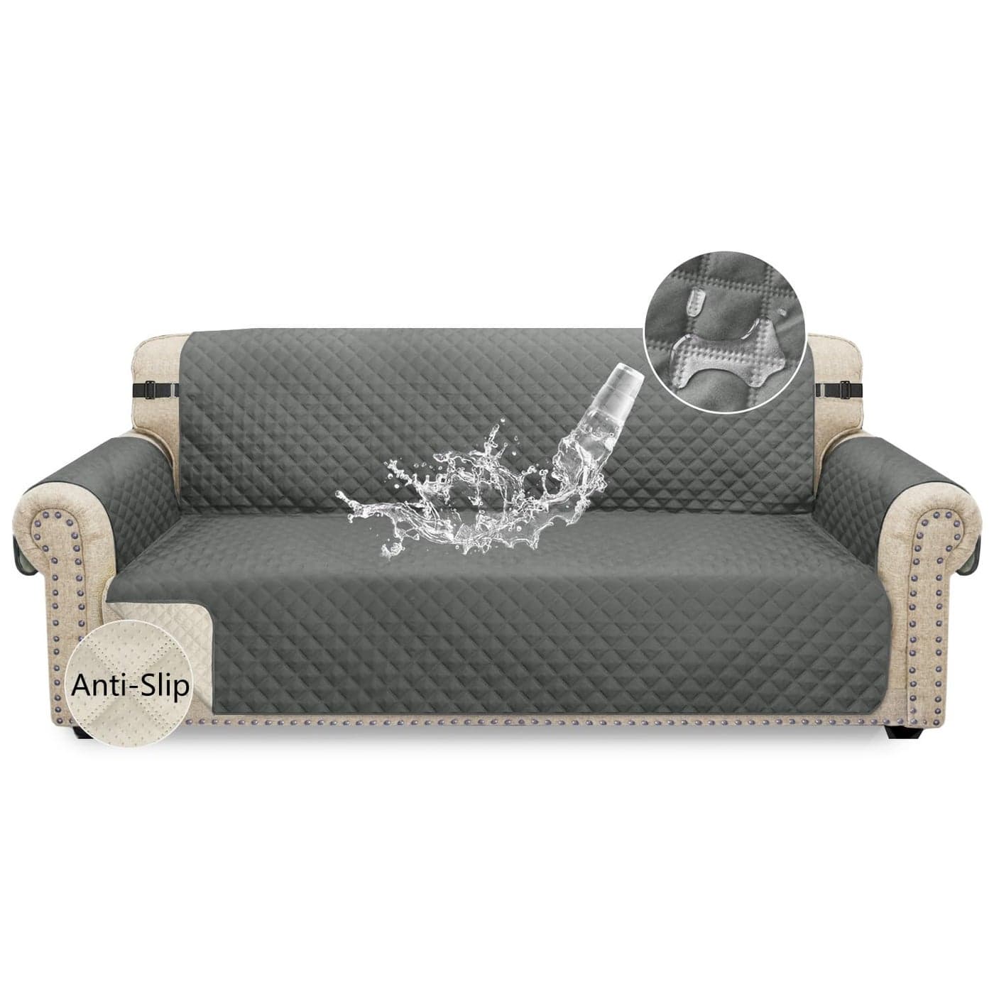 Granbest Waterproof Sofa Cover 3 Seater NonSlip Sofa Slipcover with Elastic Straps Washable Sofa Protector for Kids Pets Dogs Cats Four Seasons Universal 3 Seater Grey