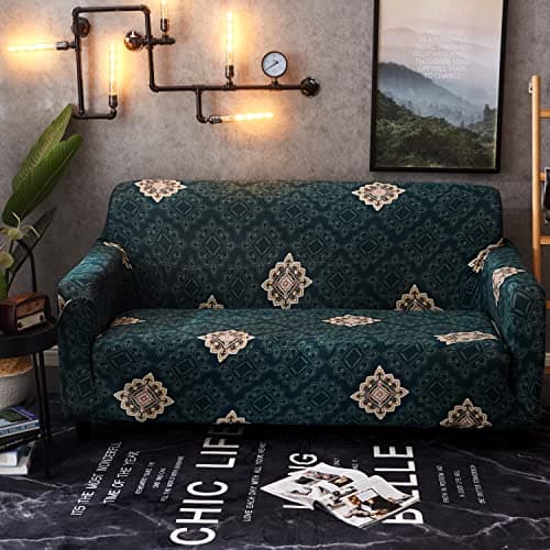 House of Quirk Universal Double Seater Sofa Cover Big Elasticity Cover for Couch Flexible 140 GSM Sofa Slipcover (Green Brocade, 145-185cm)