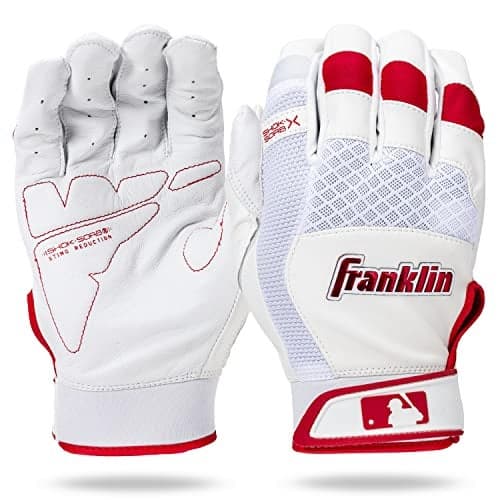 Franklin Sports MLB Baseball Batting Gloves - Shok-Sorb X Batting Gloves for Baseball + Softball - Adult + Youth Padded Non-Sting Pair - White + Red Chrome - Adult Small