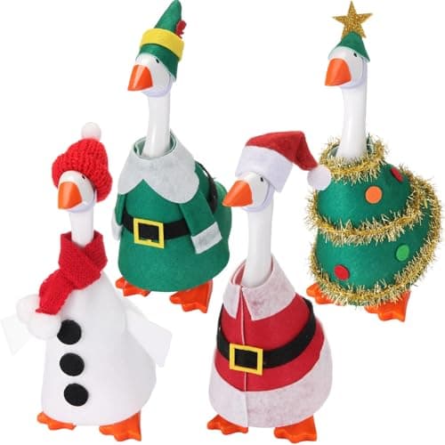 Fullhawl 4 Sets Winter Mini Desk Goose Outfit 7 Inch Magnetic Silly Goose Statue Santa Claus Snow Costume with Mini Headwear and Felt Clothing for Duck Desk Key Holder DecorClassic