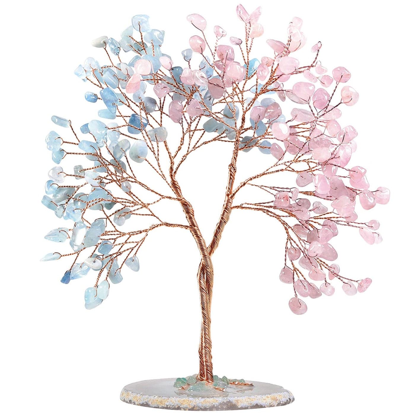 Nupuyai Aquamarine Rose Quartz Twining Crystal Money Tree with Agate Slice Base Love Stone Tree Ornament Fengshui Figurines for Home Office Wedding Decor