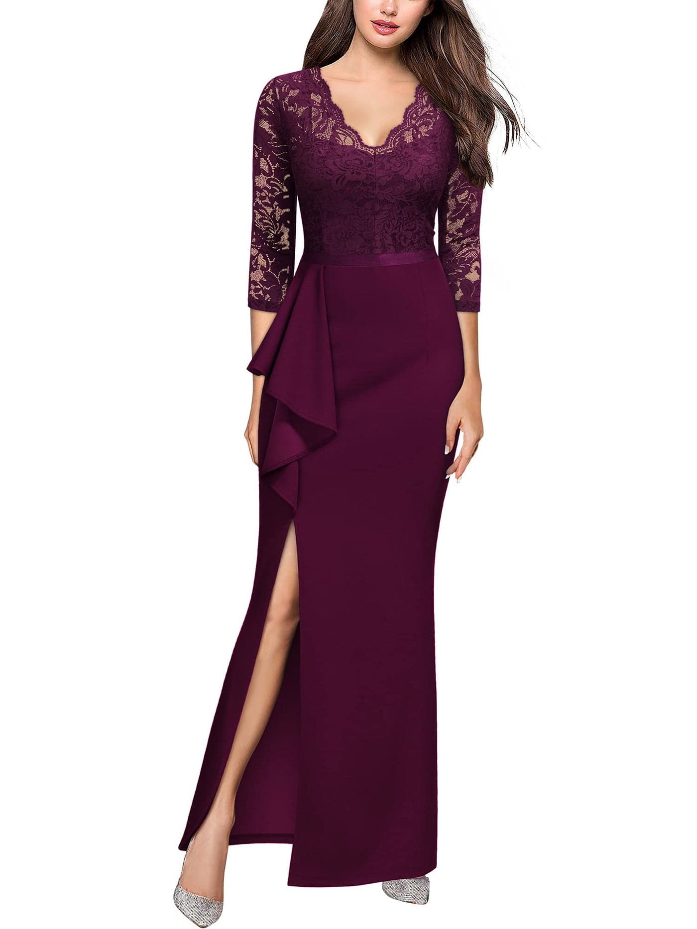 MISSMAY Womens Vintage Floral Lace Ruffle Half Sleeve Evening Party Formal Long Dress XLarge Burgundy