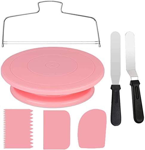 Cake Decorating Turntable,Cake Decorating Supplies With Decorating Comb/Icing Smoother(3pcs),2 Icing Spatula With Sided & Angled … (Pink/7pcs)