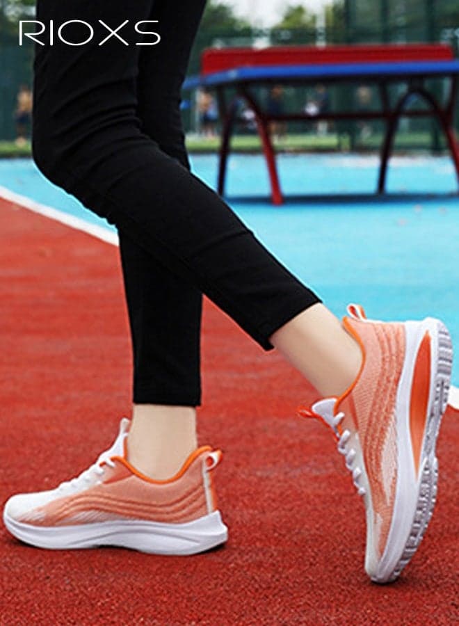 Unisex Running Shoes, Lightweight Non-Slip Cushioning Athletic Sports Shoes for Men and Women, Casual Breathable Mesh Sneakers, Soft Comfortable Lace-up Walking Shoes, Jogging Workout Gym Athletic Sneakers for Running Hiking Fishing Daily Wear, Orange and White