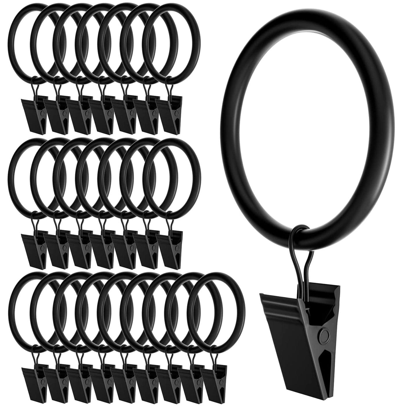 Homyplaza 24 Pack Black Curtain Rings with Clips Curtain Hooks for Hanging Heavy Duty Drapery Rings Polish Rustproof Curtain Clips Hangers for Drapes 2 Interior Diameter Fits up to 188 Rods