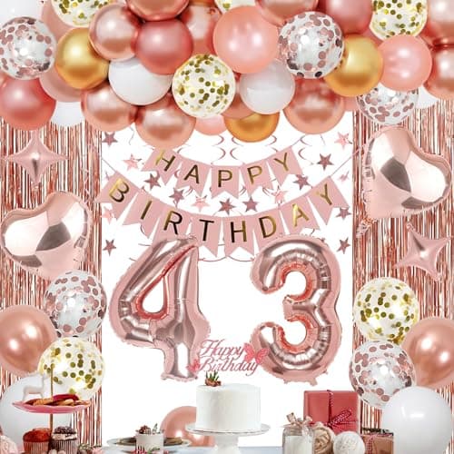 43rd Rose Gold Birthday Party Decorations for Women Rose Gold Happy Birthday Banner Fringe Curtains Heart Foil Balloons Confetti Balloons Cake Topper for 43rd Birthday Decorations