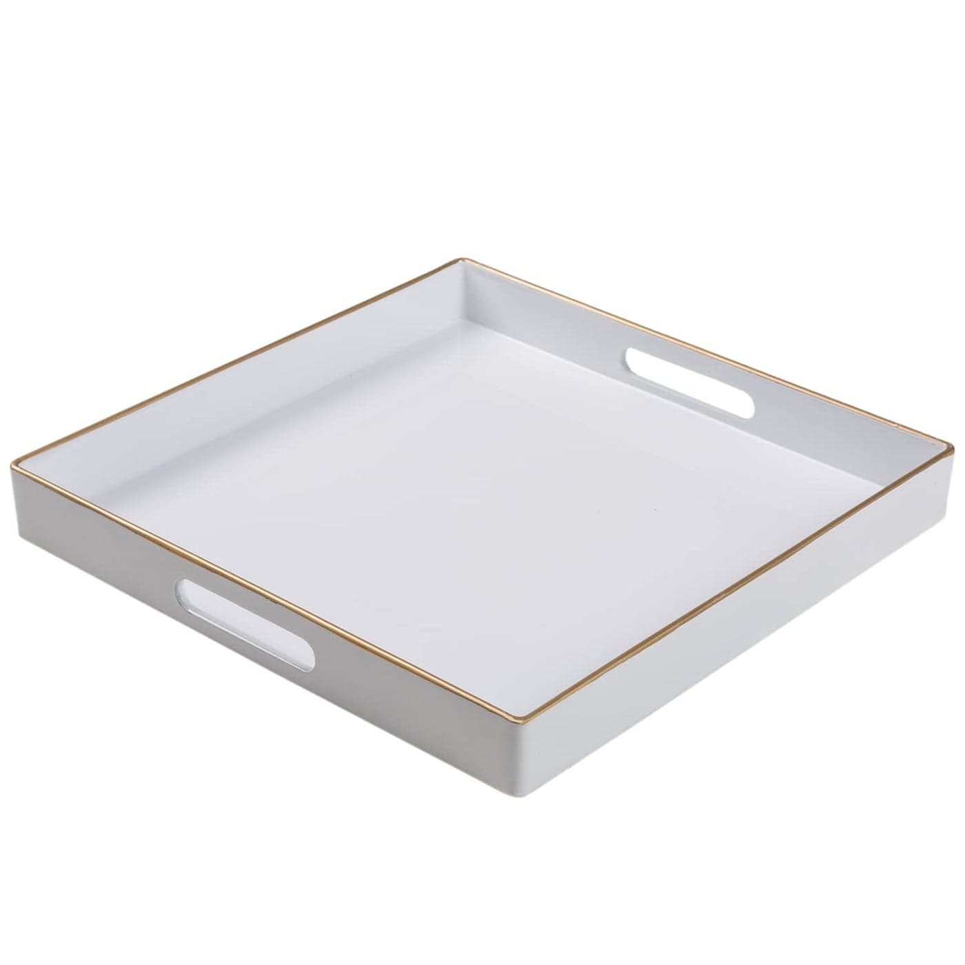 MAONAME 13x13 Decorative Tray White Serving Tray with Handles Coffee Table Trays Square Plastic Trays for Ottoman Bathroom Kitchen