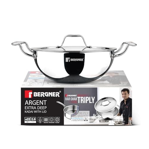 BERGNER Argent Triply 22cm (2.8 Liters) Deep Kadai with Stainless Steel Lid, Consumes Less Oil, Healthy Cooking, Sturdy Stay Cool Cast Handles, Even Heat Distribution - Induction and Gas Stove Ready