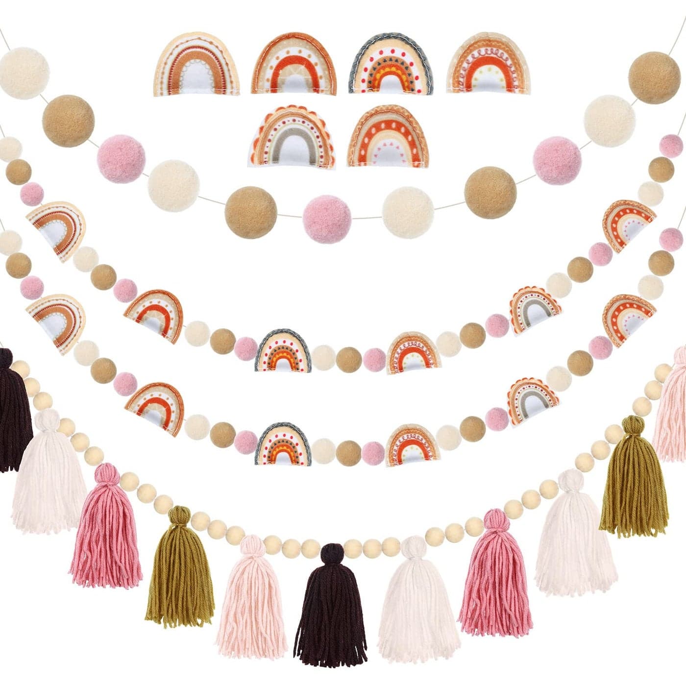 4 Pieces Boho Tassel Garland Rainbow Pom Pom Garland Wall Hanging Decor Pastel Tassel Boho Classroom Felt Colorful Balls Garlands for Classroom Girls Bedroom Nursery Room Birthday Decor