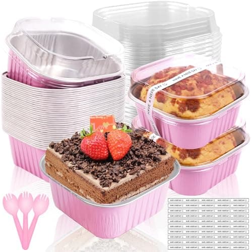 BZIDII 10oz Mini Cake Pans With Lids 50 Pack Aluminum Foil Square Brownie Baking Cups4x4 Disposable Loaf Pans With Lids and Spoons StickersLarge Cupcake Pans Muffin Cake Tins Cake ContainerPink