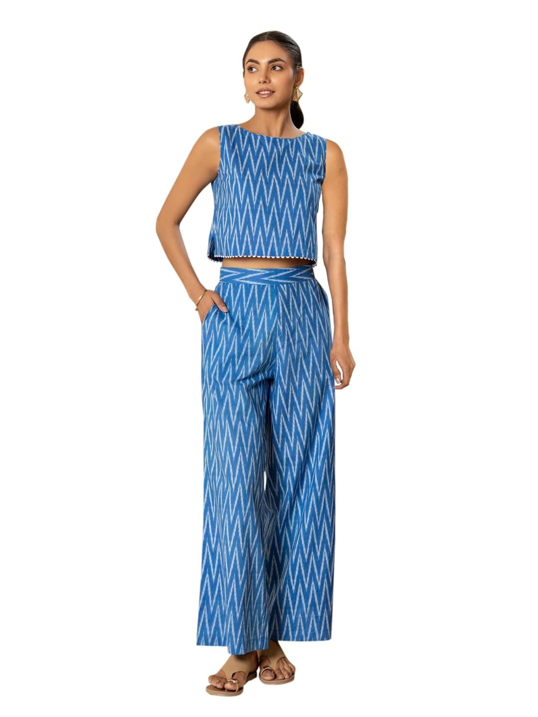 FIORRA Women's Blue Printed Cotton Co-ord Set SET0197