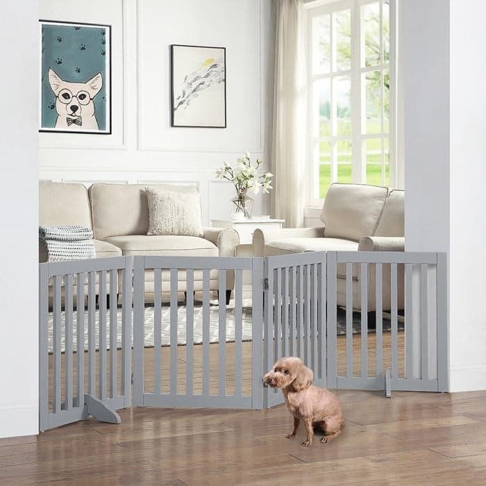 EMIWUD FURNITURE Wooden Freestanding Pet Room Divider for Kids' Safety | Pet Safety Barrier | Indoor Pet Puppy Safety Fence | Dogs Room Partition for Kids and Dogs (Grey, 4 Panel)