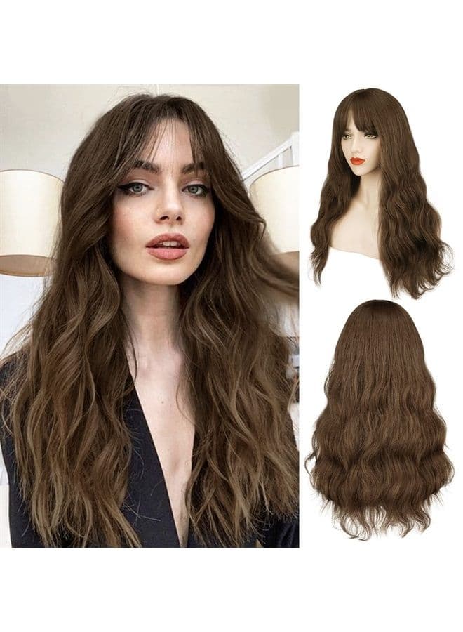 Long Wavy Brown Wig With Bangs, Light Brown Body Wavy Wig With Bangs For Women Hair Replacement Wigs Heat Resistant Synthetic For Daily Use Party Cosplay Halloween-26'', Light Chocolate Brown